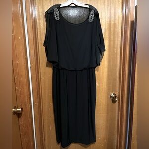 Chic Black Midi Dress with Embellished Shoulders